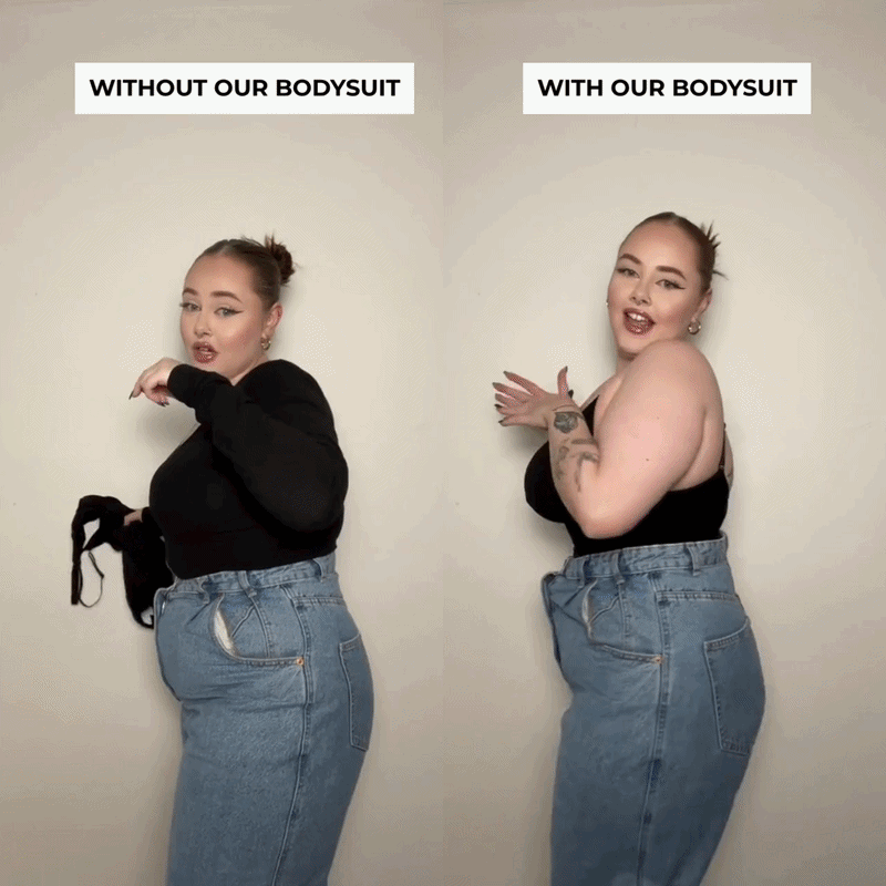 Malli pukeutuneena mustaan muotoilevaan bodysuitiin edestä