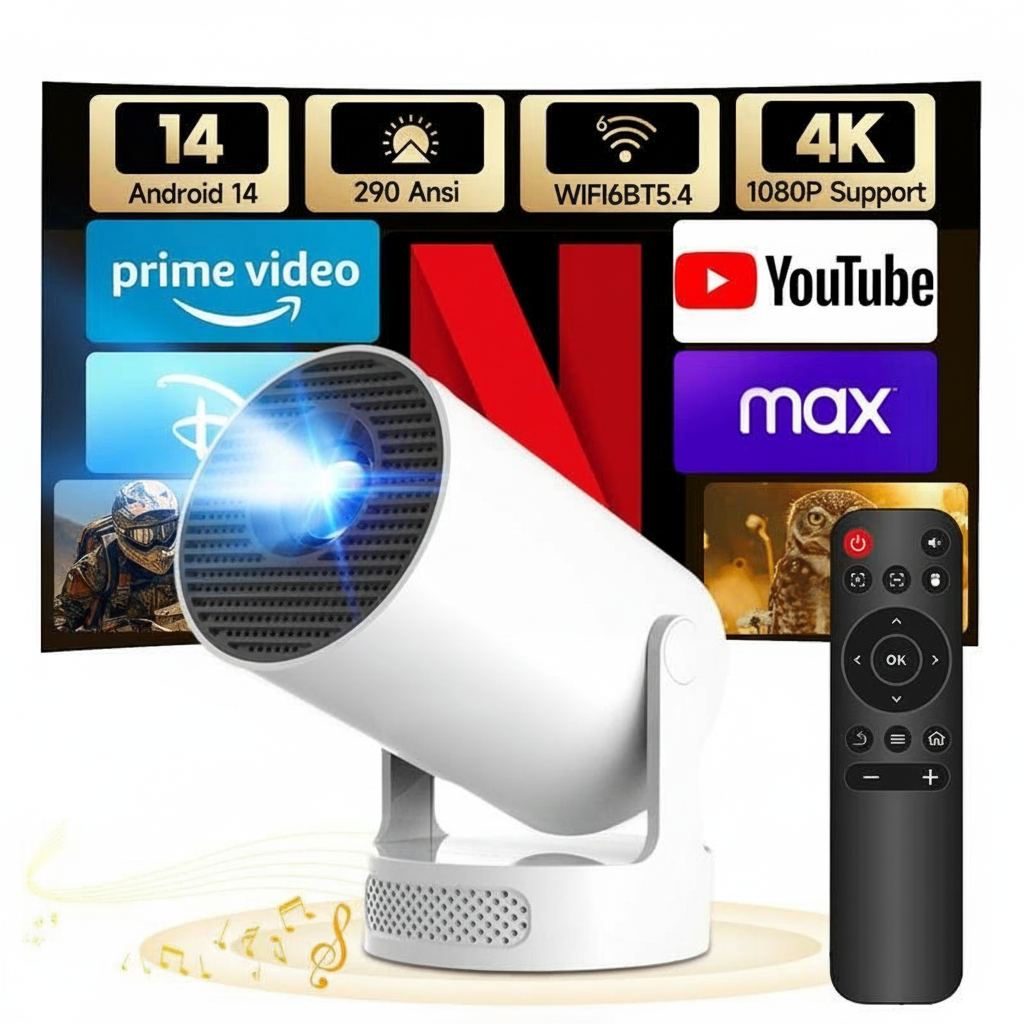 Portable 4K Mini Projector with built-in apps | Finally make “movie night at home” possible: set it up, project and enjoy — on a wall or ceiling